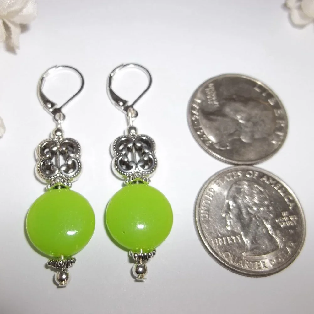 Green Earrings, Lime Green Earrings, Green Beaded Earrings, Dangle Earring, 7512 - Picture 2 of 6